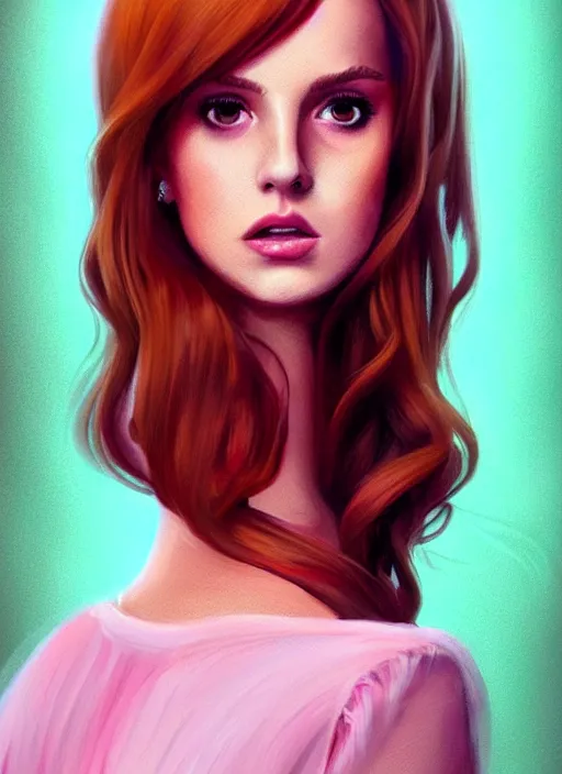 Image similar to full body portrait of teenage cheryl blossom, bangs, green eyes, sultry expression, red hair, sultry smirk, bangs and wavy hair, pink skirt, bangs, intricate, elegant, glowing lights, highly detailed, digital painting, artstation, concept art, smooth, sharp focus, illustration, art by wlop, mars ravelo and greg rutkowski