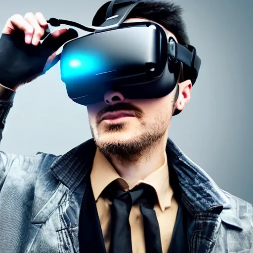 Image similar to portrait handsome fantastic cyberpunk style man wearing virtual reality goggles