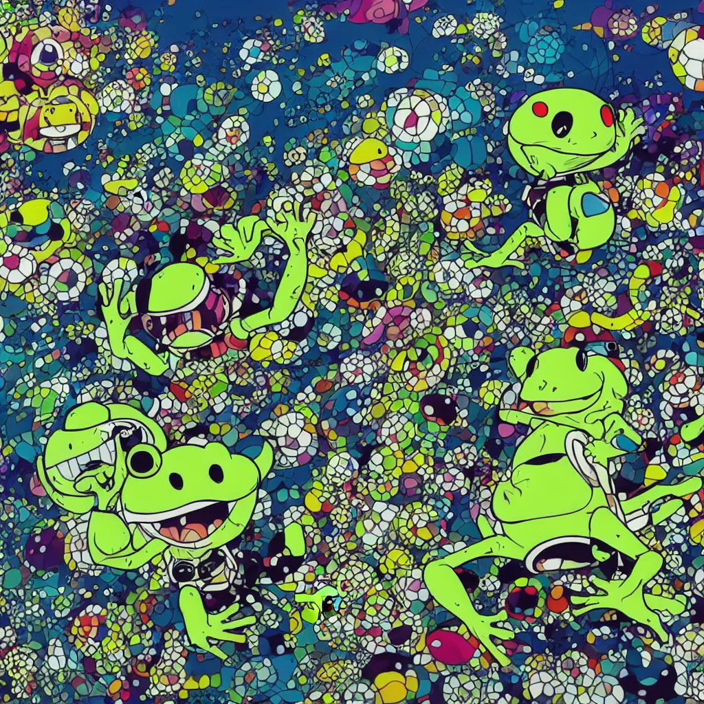 Image similar to toads, frogs, ryuta ueda artwork, breakcore, style of jet set radio, y 2 k, gloom, space, cel - shaded art style, indigo rainbow, data, minimal, takashi murakami artwork, code, cybernetic, dark, eerie, cyber