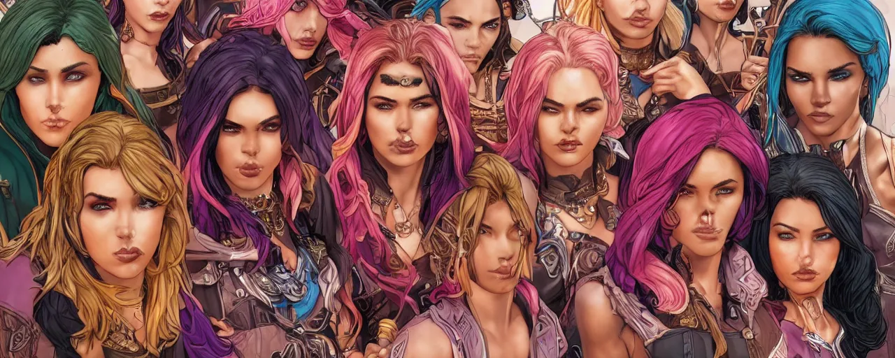 Prompt: a group of six female thieves with unique styles of dress, varying skin tones, and hair colours, bold and colourful, symmetrical facial features, 8 k intricate detail, detailed faces, beautiful, arnold rendering, art by pepe larraz,