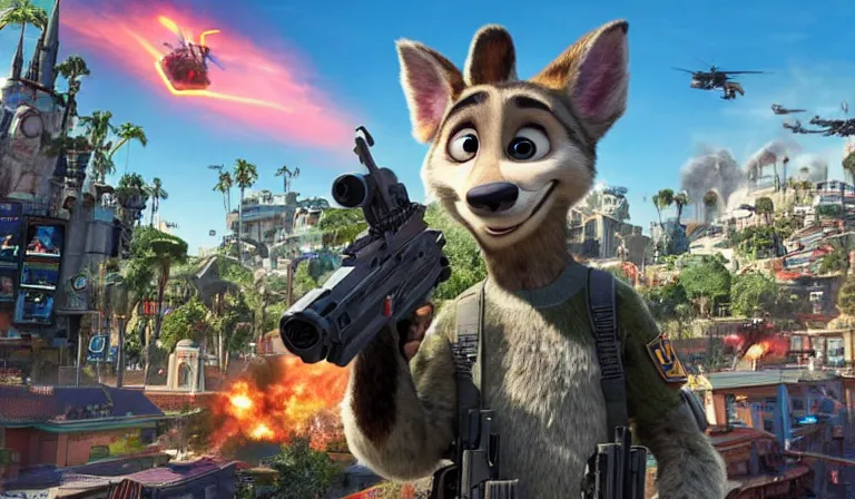 Image similar to screen shot of Call of Duty : Disney, in Zootopia city, Cute and colorful cityscape, Gun at bottom of screen, Pixar Digital Movies