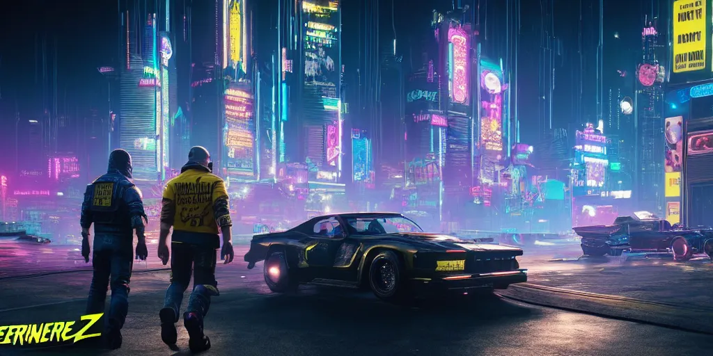 Prompt: ernie and bert in cyberpunk 2 0 7 7 night city wallpaper rendering, digital art