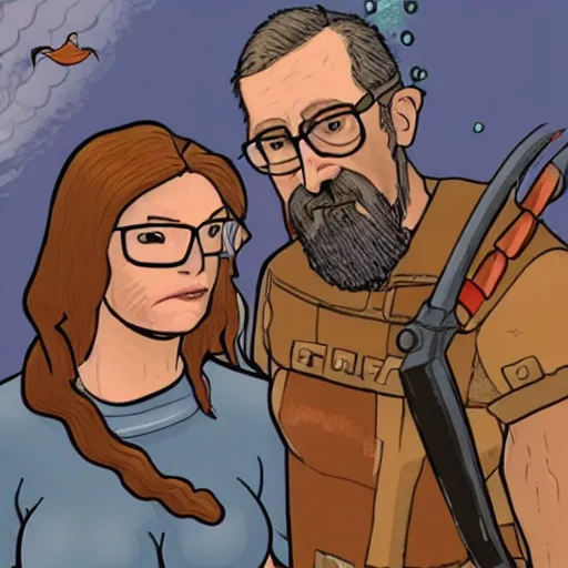 Prompt: gordon freeman and his wife with a halo over his head and fish for hands. his wife is a beautiful mermaid with red hair and a full bosom