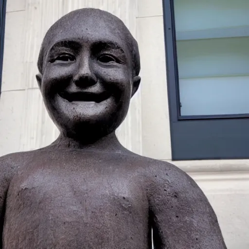 Prompt: statue smiling wide guy high red eyes fake smiles