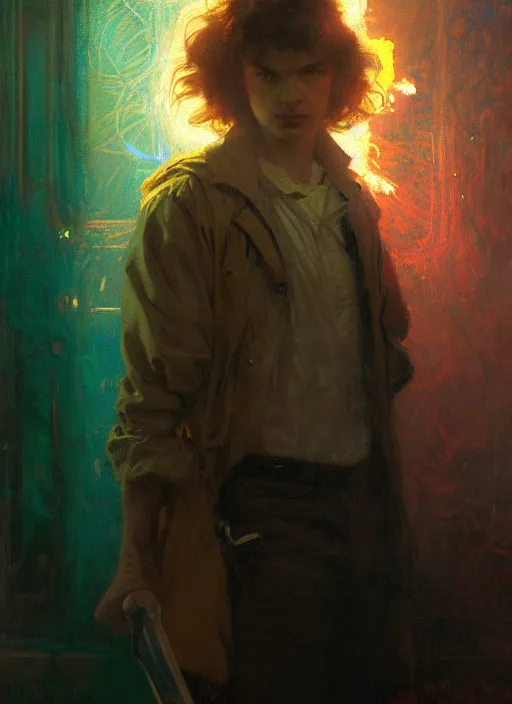 Image similar to illustration by gaston bussiere, gerome, craig mullins, greg rutkowski, john singer sargent. portrait of eddie munson joseph quinn, stranger things. 8 ß's neon retro. lights, glow, magical. dark background.