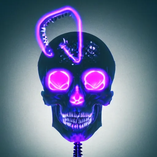 Image similar to cybernetic human scull with with devil horns , blue neon light and smoke and purple lighting