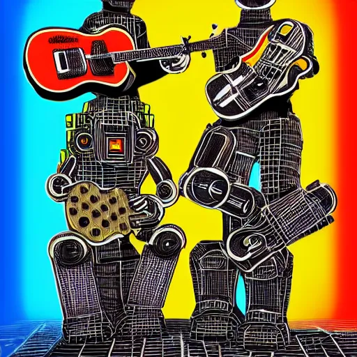 Image similar to tshirt print of a 3 dieselpunk robots playing guitar, text robos rock, 8 k, flourescent colors, halluzinogenic, multicolored, exaggerated detailed, front shot, 3 d render, octane