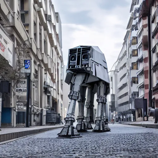 Image similar to an at-at from star wars walking through the streets of berlin, sci-fi movie scene, ultra detailed, 4k