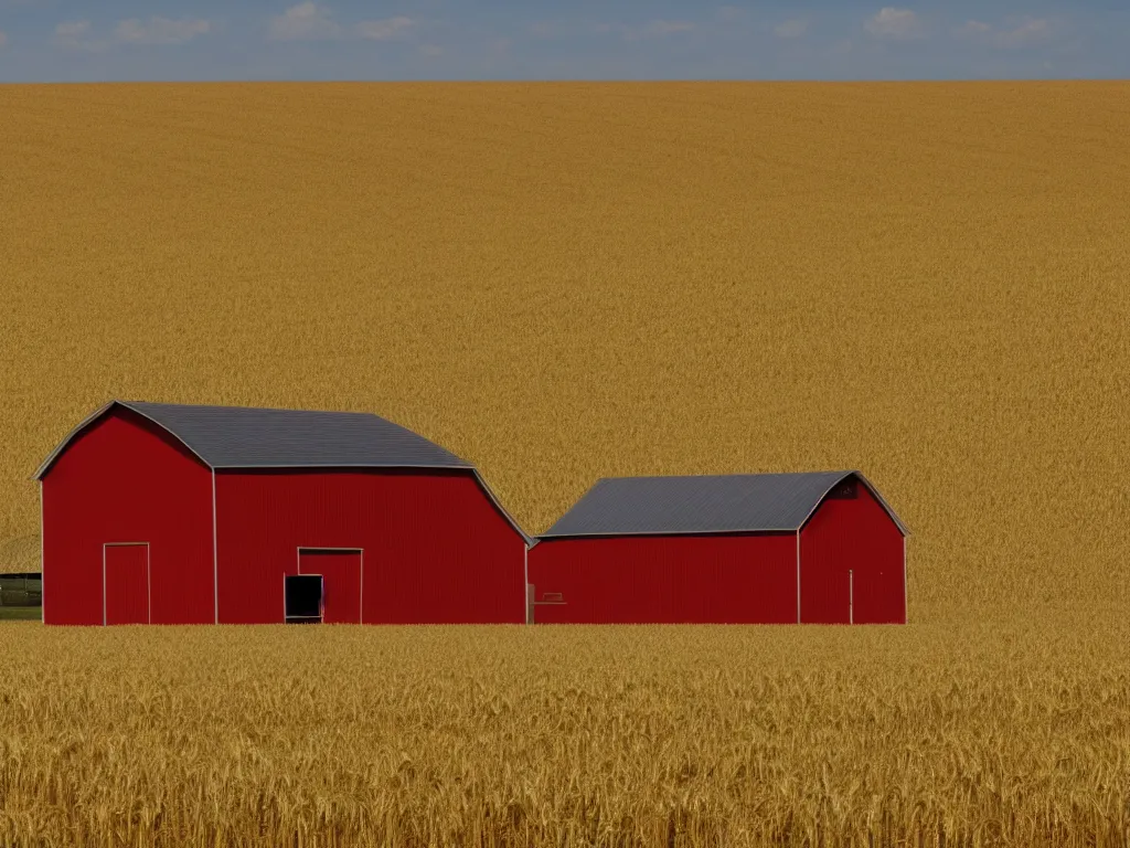 Image similar to An isolated red barn next to a wheat crop at noon. Wide angle shot, surreal.