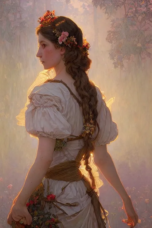 Image similar to beautiful cottagecore peasant maiden, intricate, elegant, highly detailed, digital painting, artstation, concept art, smooth, sharp focus, illustration, art by artgerm and greg rutkowski and alphonse mucha