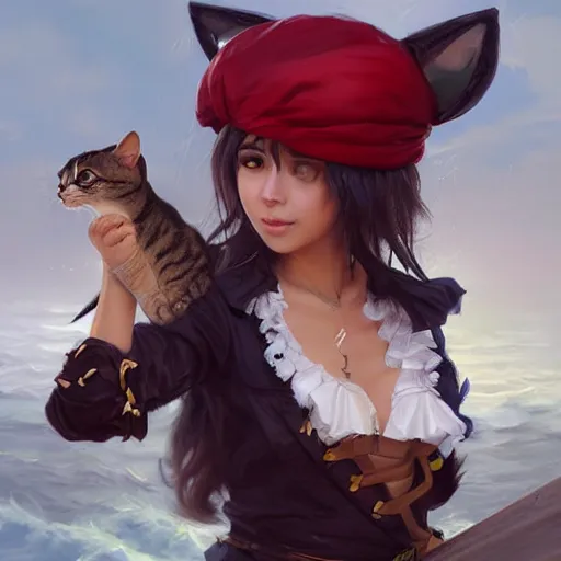 Image similar to Portrait of a Kawaii Cat dressed as a Pirate, digital painting, highly detailed, artstation, concept art, smooth, sharp focus, illustration, art by artgerm and greg rutkowski.