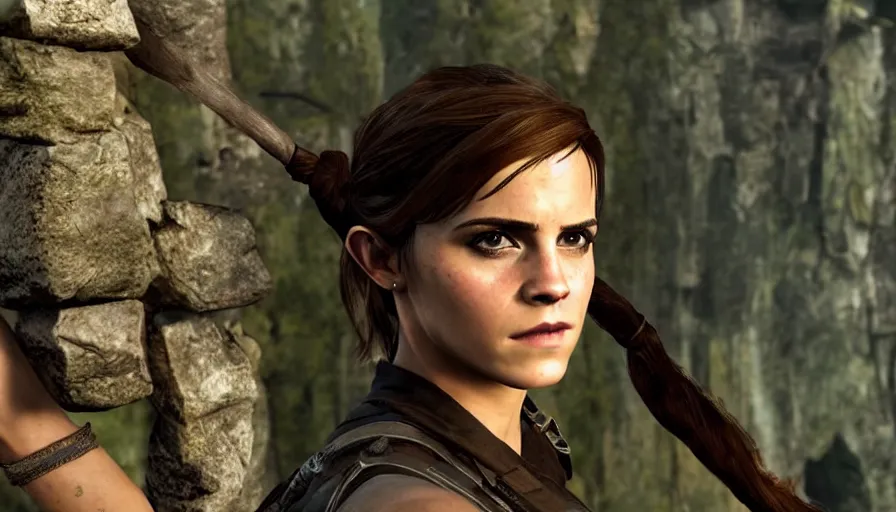 Image similar to emma watson as lara croft in the new videogame, 8 k screenshot closeup