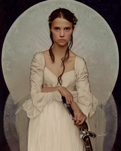 Image similar to a painting of a girl resembling alicia vikander or millie bobby brown in a wedding dress, highly detailed, intricate, artstation, by alphonse mucha