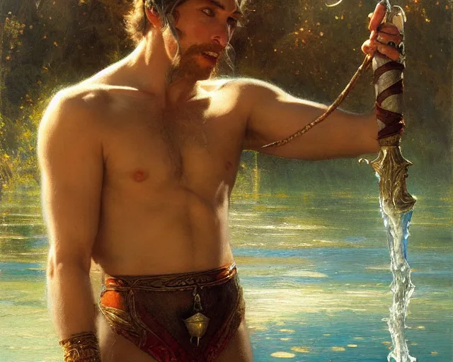 Image similar to attractive male wizard casting water spell in a beautiful lake. highly detailed painting by gaston bussiere, craig mullins, j. c. leyendecker 8 k