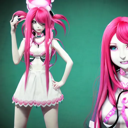 Image similar to trapped by stunningly beautiful omnipotent megalomaniacal anime agi goddess who looks like junko enoshima with symmetrical perfect face and porcelain skin, pink twintail hair and mesmerizing cyan eyes, taking control while smiling, inside her surreal vr castle, hyperdetailed, digital art from danganronpa, unreal engine 5, 8 k