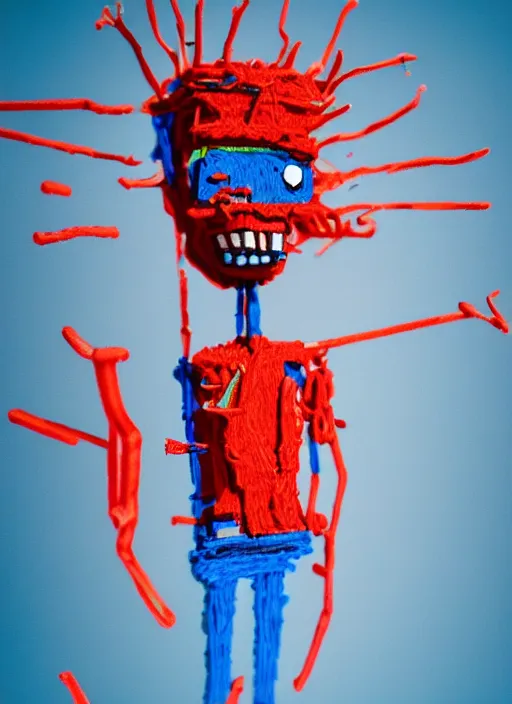 Prompt: room full of giant blue and red people made out of pipecleaners in a baroque style of Jean-Michel Basquiat, 3D cinematic lighting, spotlight at a 90 DEGREE ANGLE, photorealism, octane render, depth of field, 8k, 35mm, artgem, Trending on artstation