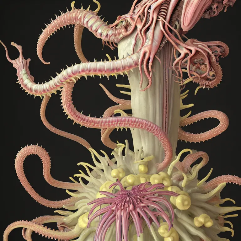 Prompt: still life of white xenomorph, beautiful pastel color tropical flowers, glossy metallic human spine, spiky tentacles, human body parts, colorful mold, baroque painting, beautiful detailed intricate insanely detailed octane render, 8K artistic photography, photorealistic, perfect composition, golden ratio, chiaroscuro, Raphael, Caravaggio