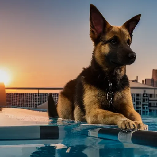 Prompt: a swanky gsd puppy relaxing at the pool on a penthouse rooftop with a futuristic blimp anchor in the background, 8K, 4K, UE5, Octane, RTX, Ray Tracing, Bokeh, happeening