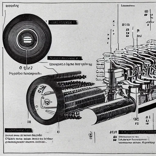 Prompt: photograph, page of a book with futuristic writing explaining how to build an engine with diagrams