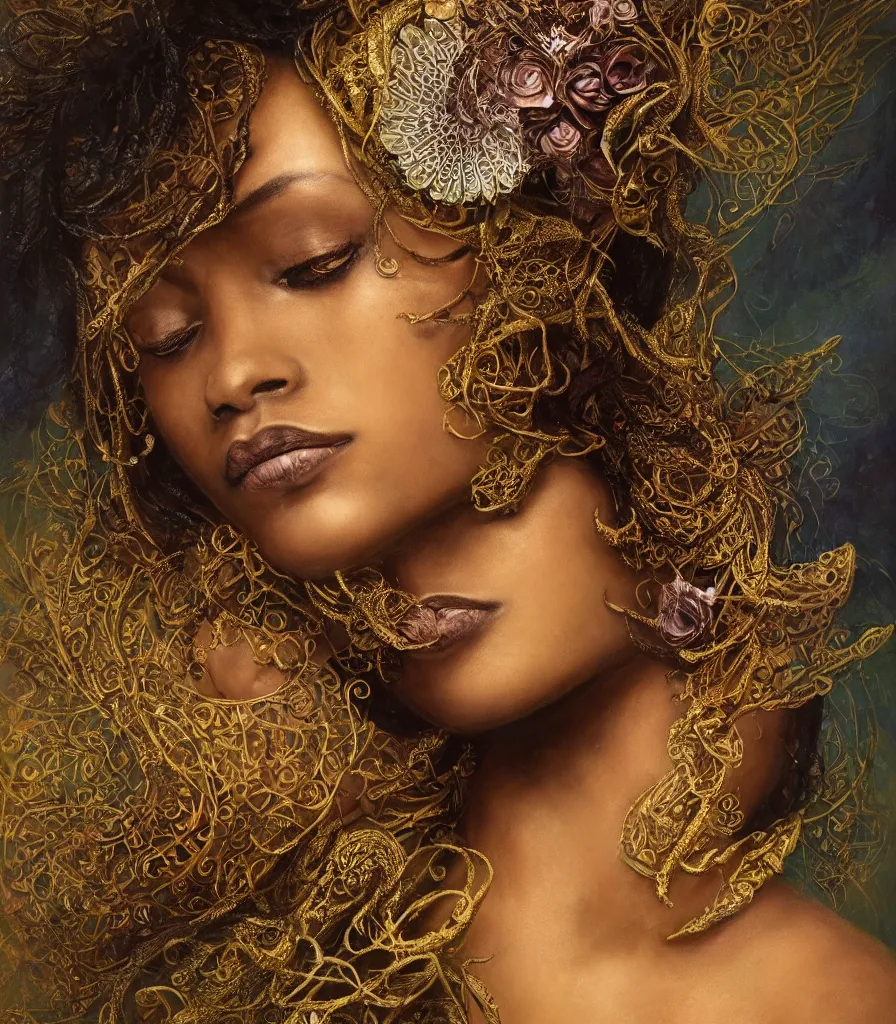 Image similar to queen, african woman, flowers, dark pastel color scheme, jugendstil background, gold filigree, by karol bak, by emil melmoth, by daniel gerhartz, intricate, highly detailed, digital painting, artstation, concept art, smooth, sharp focus, illustration