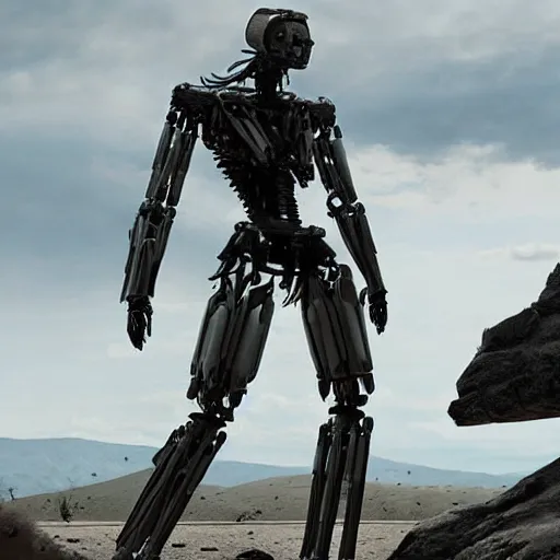 Image similar to cinematic still in westworld, humanoid mech by mamoru nagano