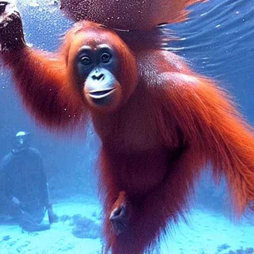 Image similar to deep sea footage of an orangutan captured by an rov, underwater photograph