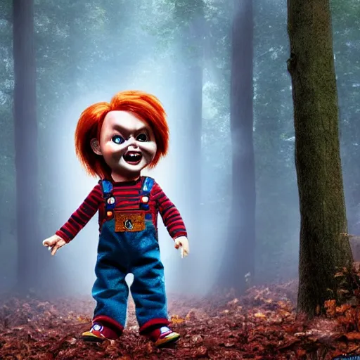 Image similar to chucky the doll in the woods foggy digital art 4 k detailed super realistic