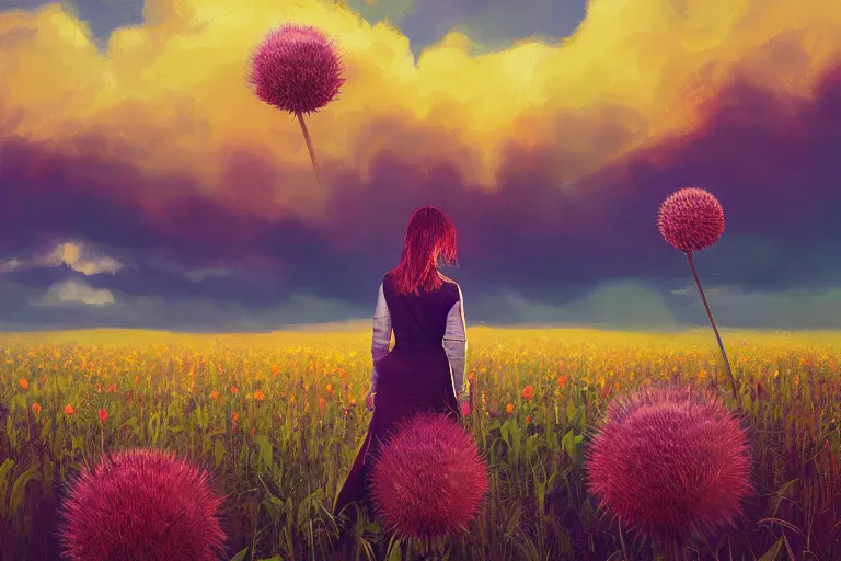 Image similar to giant thistle flower head, girl in suit in field of flowers, surreal photography, sunrise, blue sky, dramatic light, impressionist painting, digital painting, artstation, simon stalenhag