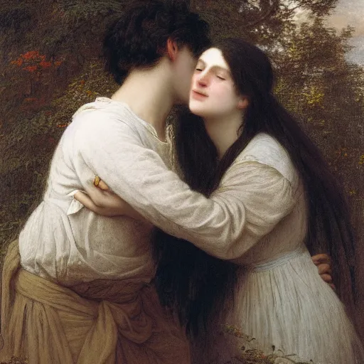 Image similar to young man in orange t - shirt and young woman with black hair hugging, by pierre - auguste cot