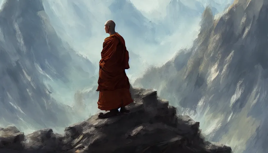 Prompt: concept art of a monk in a mountain by jama jurabaev, trending on artstation, high quality, brush stroke, for aaa game