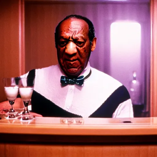 Image similar to Bill Cosby as Lloyd the Bartender in Stanley Kubrick's The Shining, 70mm restoration, Overlook Hotel Bar Room, Mixing Drinks behind bar, wide shot, deep focus, photographed by stanley kubrick