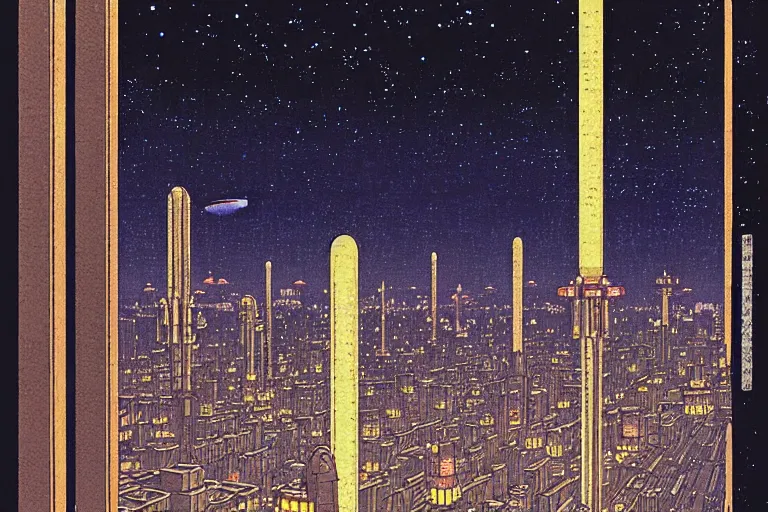 Prompt: a scifi illustration, Night City on Coruscant by hasui kawase