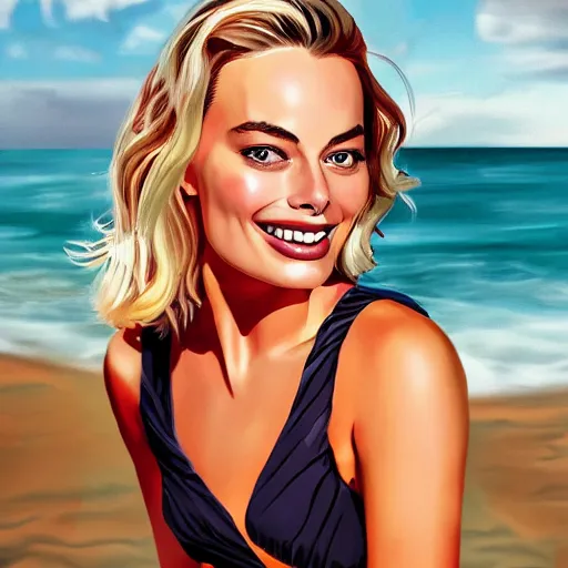 Prompt: a portrait of margot robbie holding a coctail on the beach, beautiful face, highly detailed, digital art
