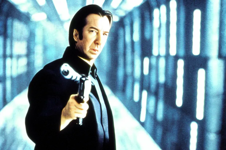 Image similar to film still of Alan Rickman as Neo in The Matrix 1999