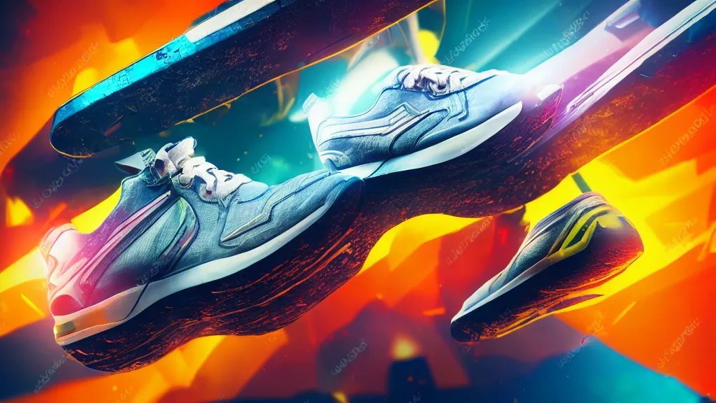 Image similar to sneaker with elements and details of plane and mechanics with futuristic colorfull background, cinematic lighting, light fog, render