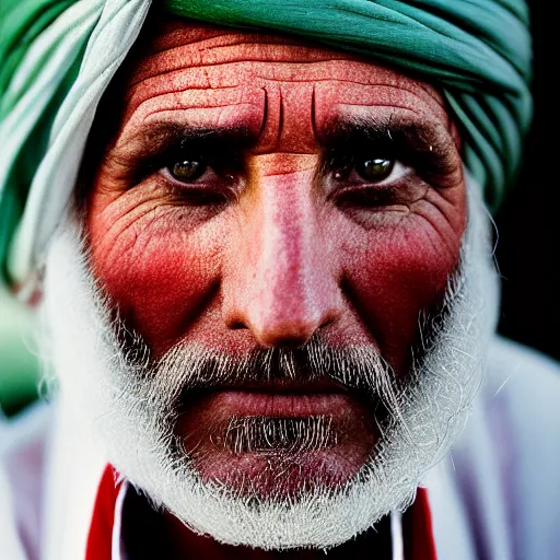 Prompt: portrait of president donald trump as afghan man, green eyes and red turban looking intently, photograph by steve mccurry