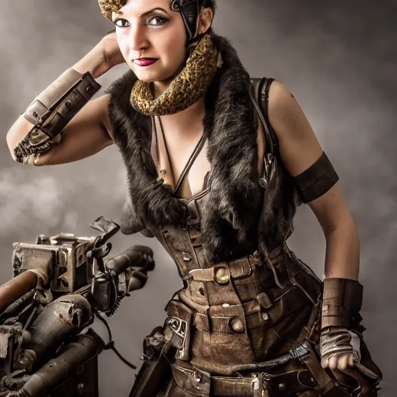 Image similar to full length photo of a very beautiful female dieselpunk warrior, 8 k, hdr, smooth, sharp focus, high resolution, award - winning photo