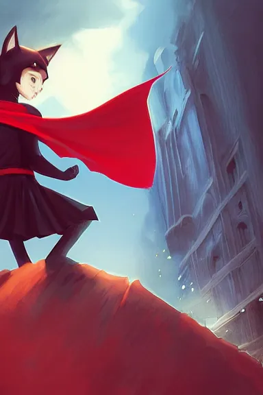 Image similar to little boy with cat ears in an black outfit with red cape. digital artwork made by lois van baarle and kentaro miura and marc simonetti and rhads, sharpness focus, inspired by hirohiko araki, anatomically correct, heroic composition, hero pose, smooth, dark city