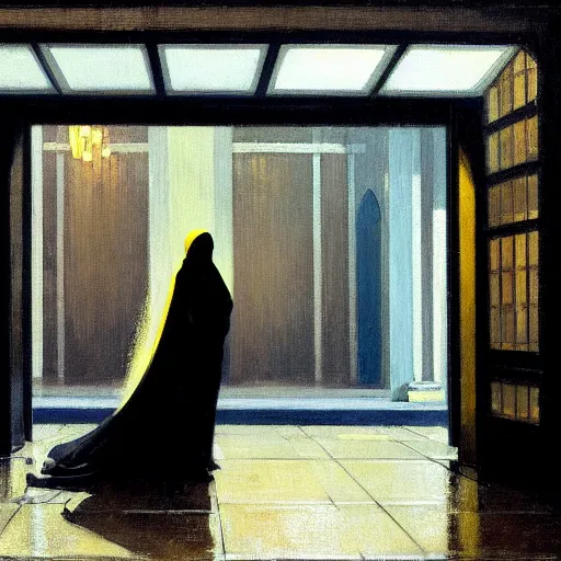 Prompt: action moment, beautiful woman portrait, courtyard, capital, cyberpunk mosque interior, control panel, watcher, omniscient, tech noir, wet reflections, impressionism, atmospheric, ambient, speed painting, edward hopper, syd mead