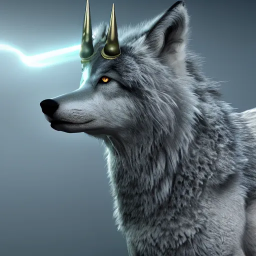 Image similar to a giant grey wolf with a white main and two unicorn horns on its head, a white star shape on his four head, yellow eyes, beautiful, ultra realistic, great wolf, unreal engine 5, dynamic lighting, highly detailed, lightning around