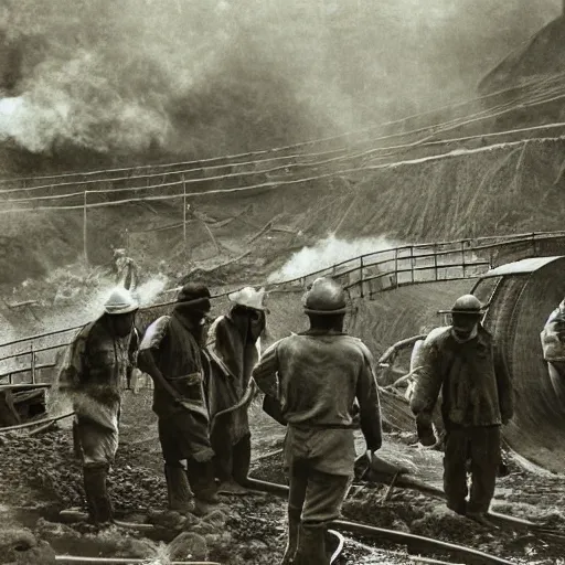 Image similar to an image of a group of men mining in a coal mine, in a medium full shot, russian and japanese mix, high - key lighting, warm lighting, overcast flat midday sunlight, a vintage historical fantasy 1 9 8 2 photo from life magazine.