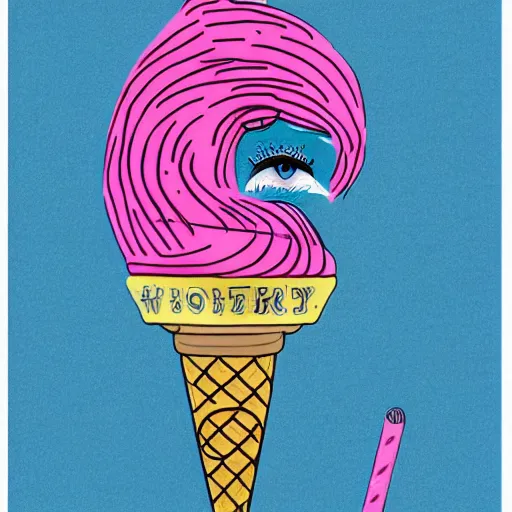 Image similar to crying wobbly eyes mouth pink ice cream, blue waffle cone, 2 0 2 2 intricate concept art, line drawing, 1 9 8 3 book cover art