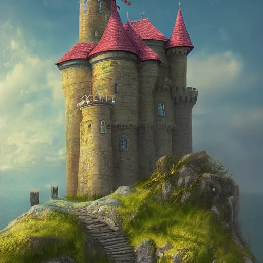 Prompt: beautiful castle set on a cliff, pastel colors, pastoral setting, artstation