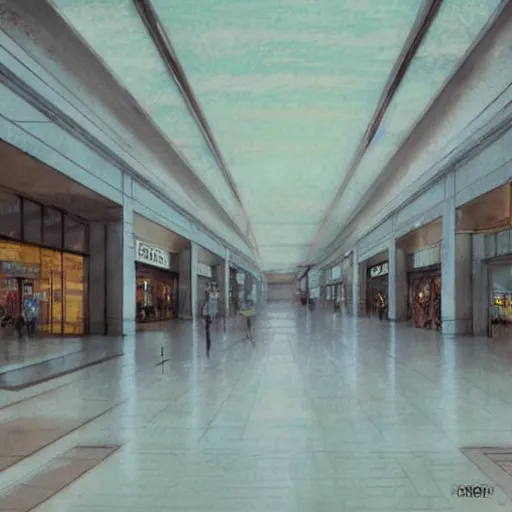 Prompt: concept art of an empty mall from the 1 9 8 0 s, by greg rutkowski