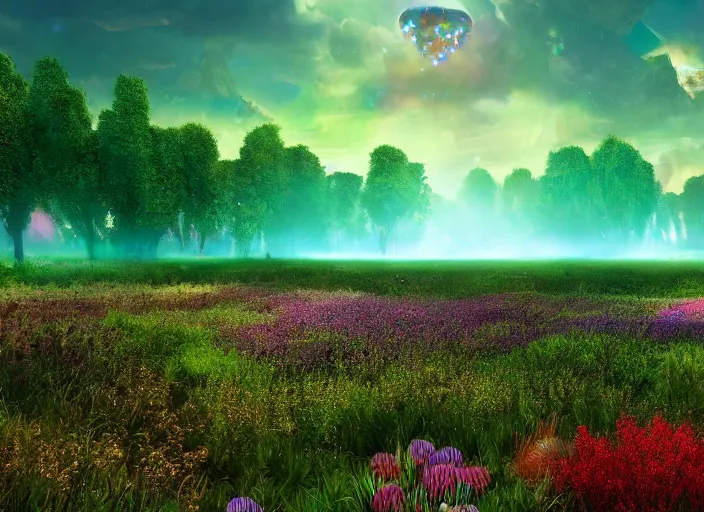 Prompt: flowerfield on a luminescent crystal biome that looks like a movie shot by pixar, ultra detailed, fantasy, hyper realism, art, smooth, beautiful art, masterpiece, landscape, cinematic, wet reflections, ray tracing x, rtx, smooth