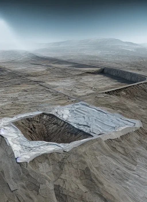 Prompt: hologram bioremediation white architecture, in the mining tailings of chuquicamata, epic, cinematic, hyperealistic, high detailed, corona render, hdr, ray tracing