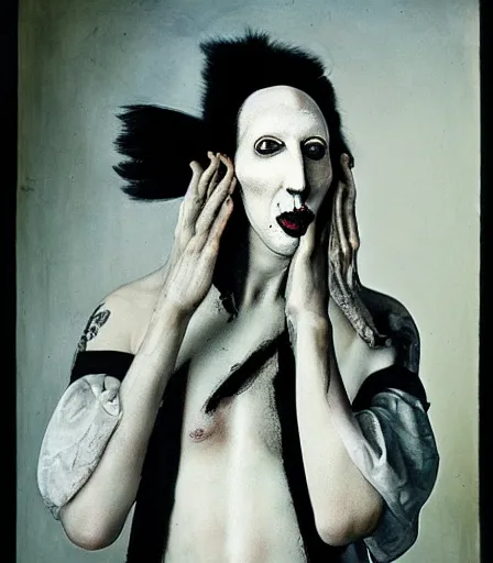 Image similar to portrait of marilyn manson by joel peter witkin and hieronymus bosch, high quality, high detail