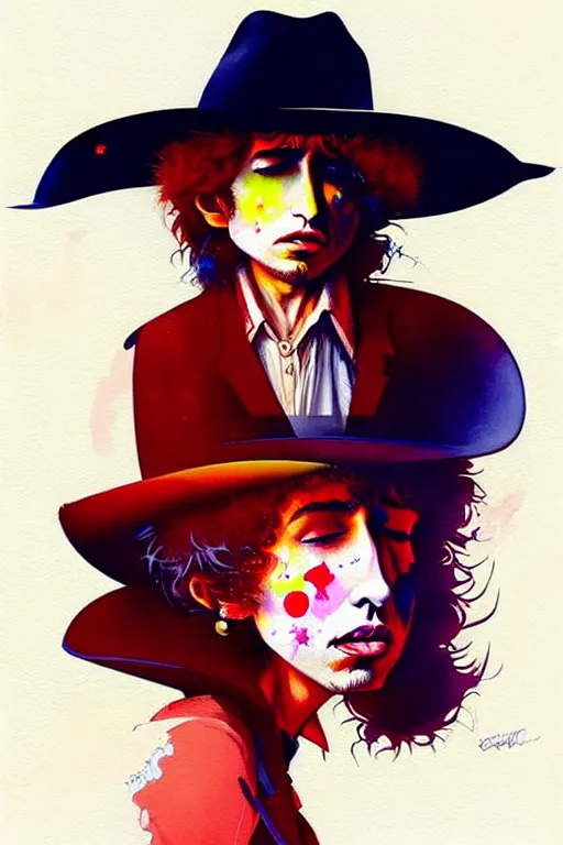 Image similar to a ultradetailed painting of bob dylan woman wearing a cowboy hat and smirking by conrad roset, greg rutkowski and makoto shinkai trending on artstation