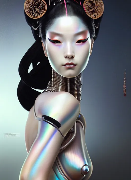Image similar to organic seductive Geisha cyborg, pearlescent skin, diffuse lighting, fantasy, intricate, elegant, highly detailed, lifelike, photorealistic, digital painting, artstation, illustration, concept art, different full body view, smooth, sharp focus, art by John Collier and Albert Aublet and Leonardo da vinci and Krenz Cushart and Artem Demura and Alphonse Mucha