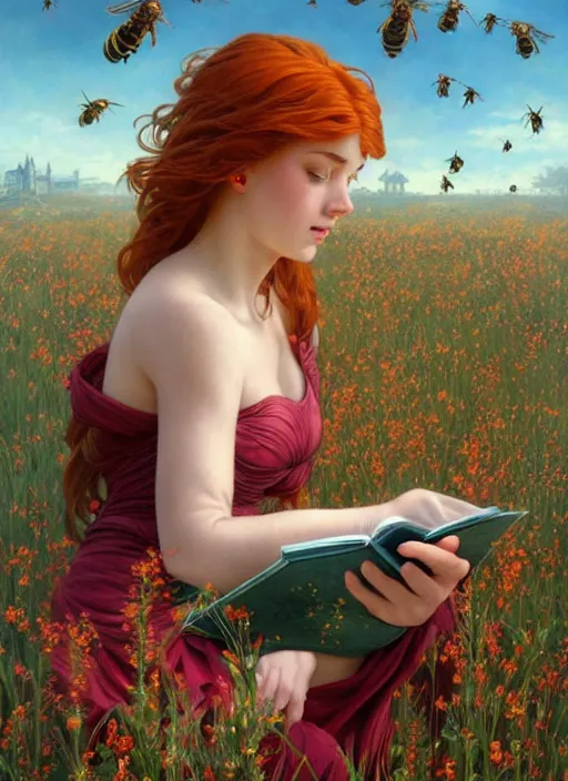 Prompt: an epic fantasy comic book style portrait painting of a young red headed girl reading a book in a field of flowers surrounded by bees, d & d, fantasy, intricate, elegant, highly detailed, digital painting, artstation, concept art, matte, sharp focus, illustration, art by artgerm and greg rutkowski and alphonse mucha